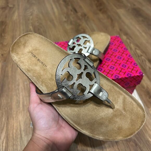 TORY BURCH TB spark gold leather cork miller cloud sandals shoes women’s 8 new - Picture 2 of 8